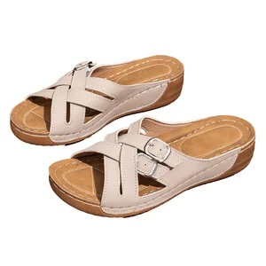 Popular Lightweight Outdoor Flat Sole Wedge Sandals Solid Colored Open Toed with Sloping Heel Multi-Color Simplicity Slippers