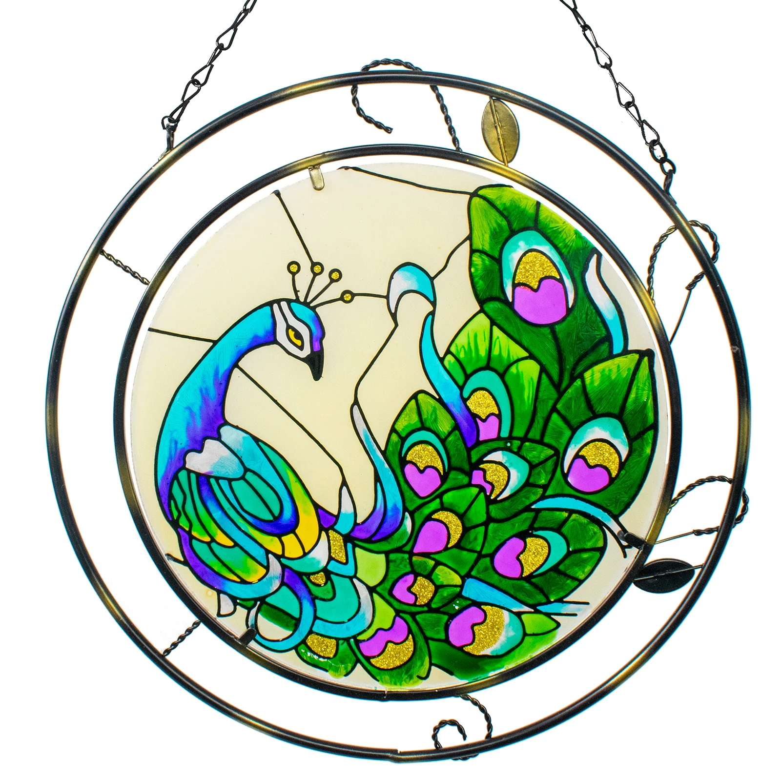 Peacock Handmade Stained Glass Wall Hanging Artwork, Window Suncatcher Panels with Chains Colorful