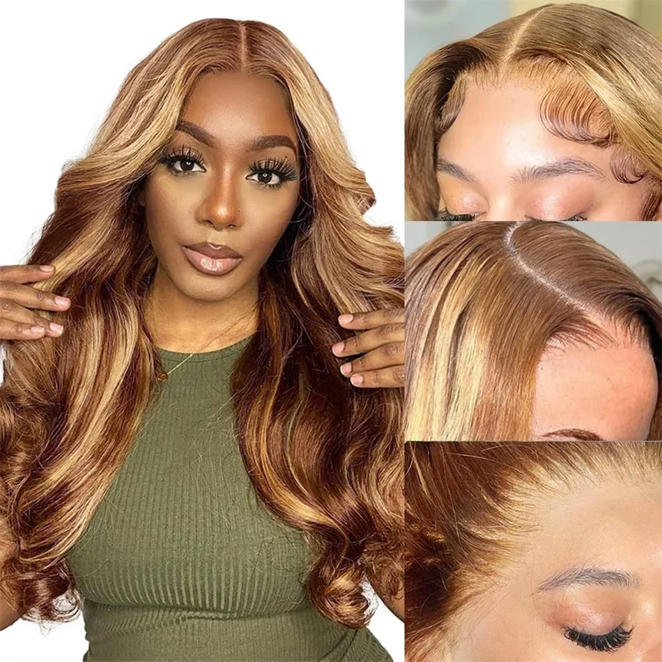 Perruques en dentelle frontale ombrées, cheveux humains, 4/27, blond miel, ondulées, HD, transparentes, pré-épilées_voghion.com