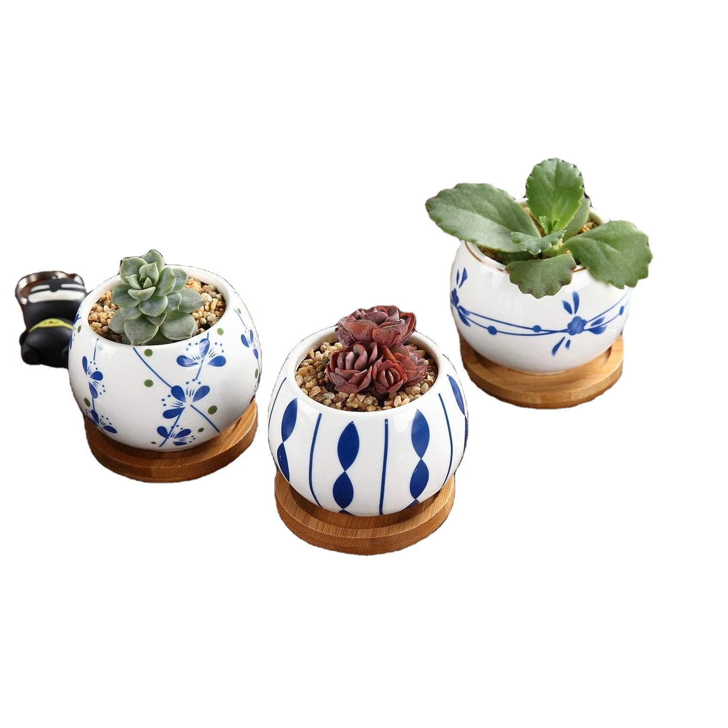 2.5 Inch Ceramic Succulent Planter Pot with Bamboo Saucer Set of 3 