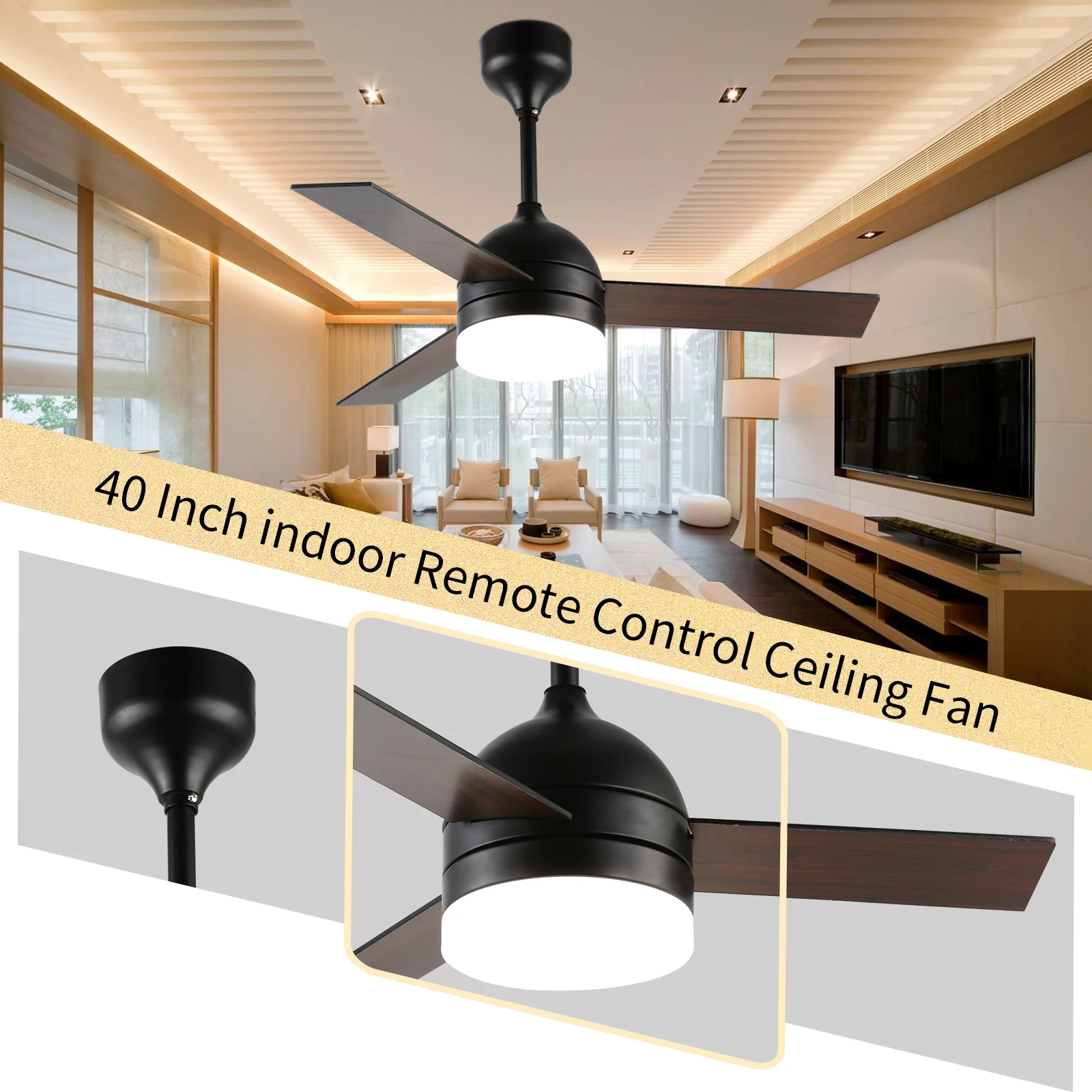 Modern 40-Inch LED Indoor Ceiling Fan Light Low Profile Remote Control 4 Plywood Blades DC Motor Electric Air Cooling for Hotels