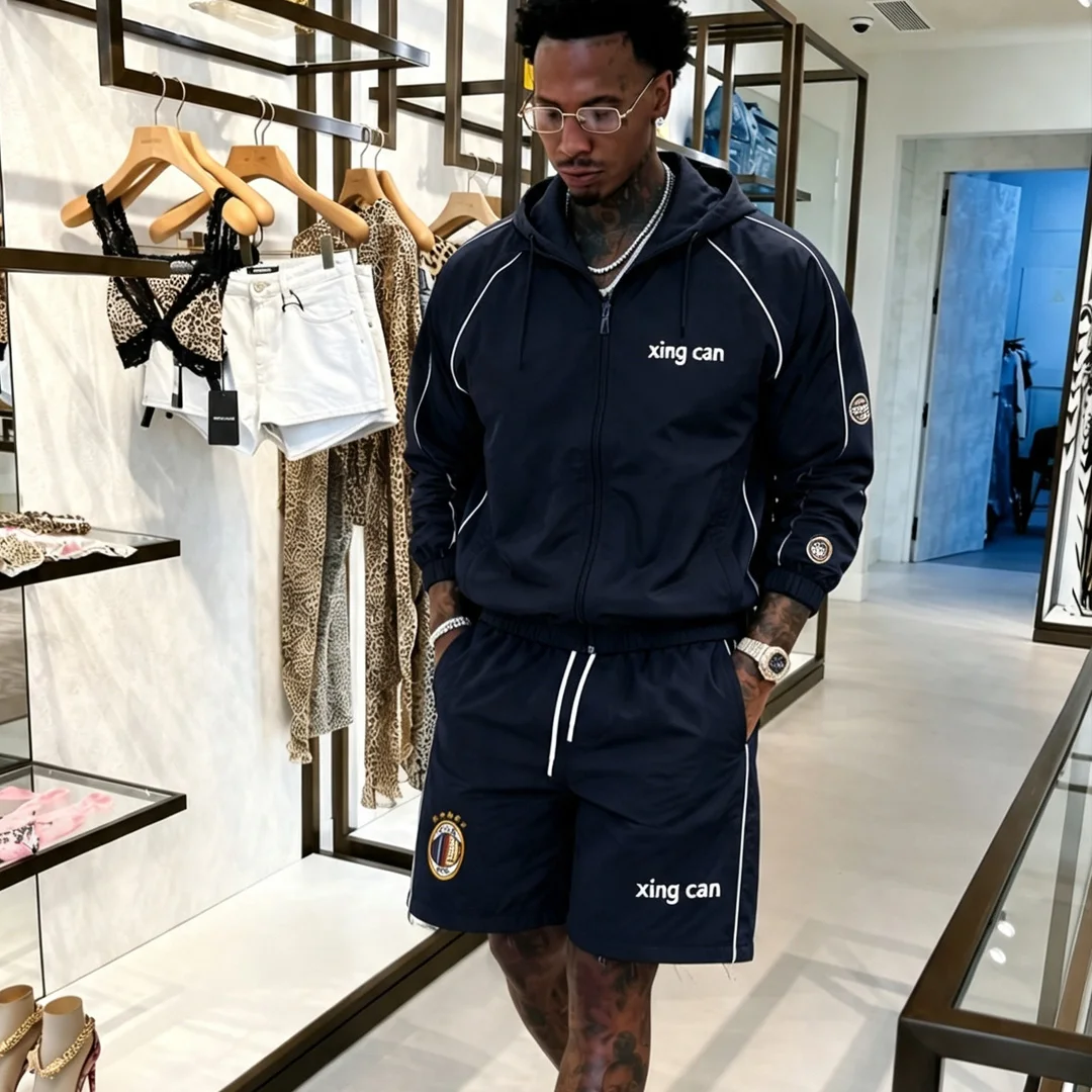 Streetwear-fabrik, tilpasset nylontræningssæt med fuld refleksbestrøgning til mænd, digital print, løst og lige snit, træningssæt med patch-embroidery