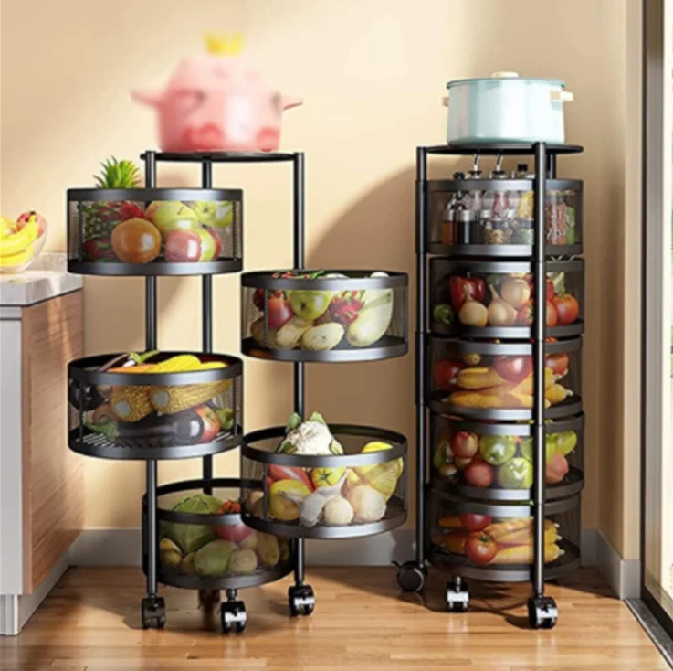 Home Decor Kitchen Organize Shelf Rack with Rotating Bucket Movable Kitchen Storage Rack with Wheels