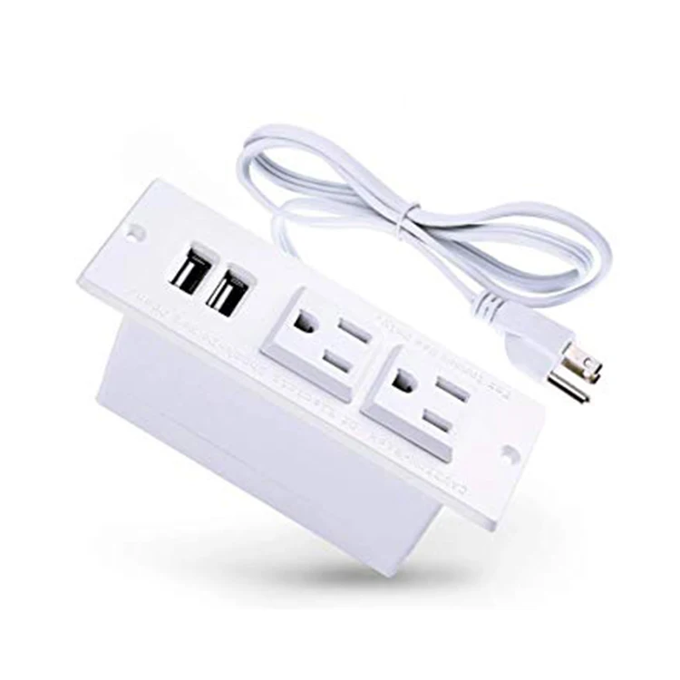 White Furniture Recessed Power Strip With Flat Plug Desk Outlet Dual USB Desktop Power Grommet Socket for Offices Table