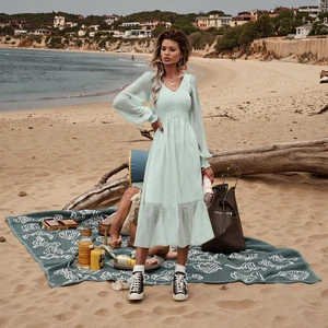 PRETTYGARDEN 2025 Women's Spring Midi Dress Long Sleeve Neck Washable for Swiss Dot Empire Waist Chiffon Ruffle Smocked Solid Pl