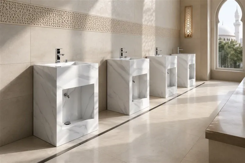 Row of white wudu basins along the wall of a modern mosque washroom