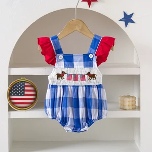 Custom Baby Clothes Shirred Smocked Baby Clothing July 4th Embroidered Casual Vest Baby Rompers