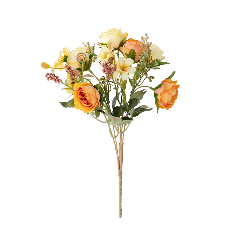 Small Single Pomegranate Rose Artificial Silk Flower Arrangement Bionic Flower Ornament Bamboo Bouquet Decorative Chopping Block