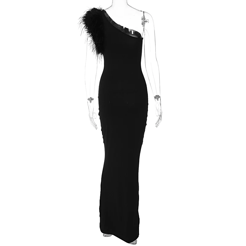 Lygens 4550 Graphic Feather One Shoulder Elegant Dresses Winter Evening ...