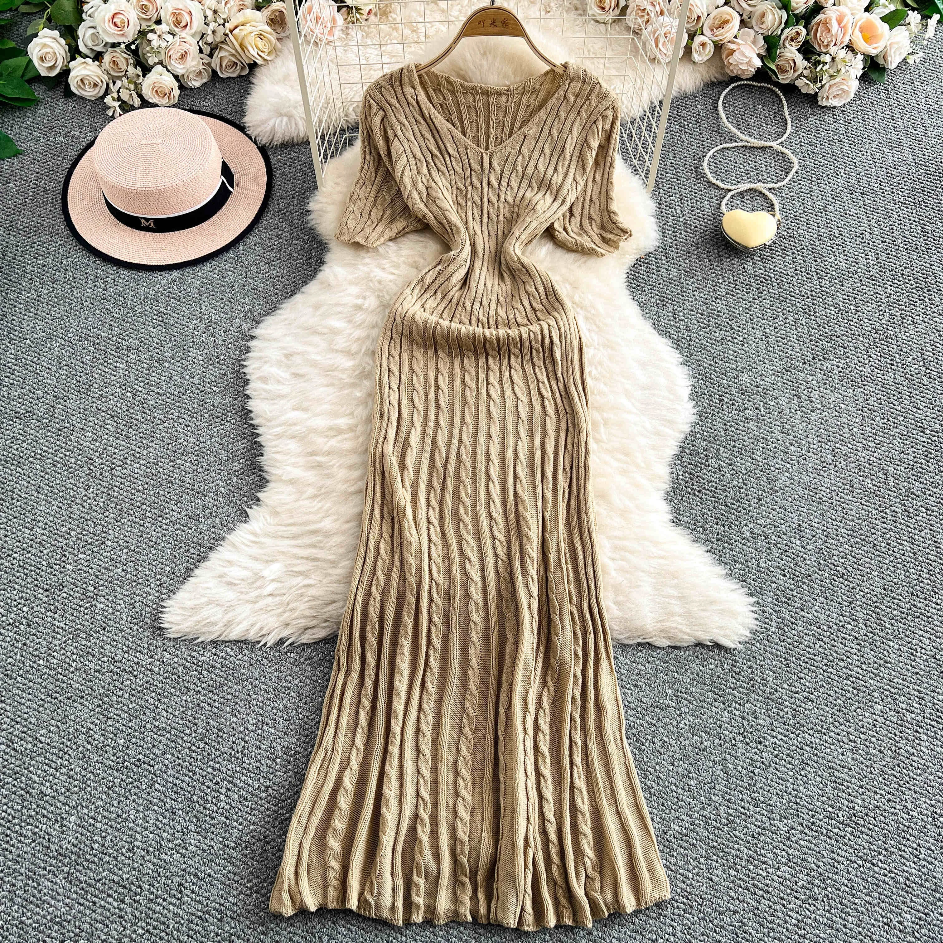 Vintage Twist V-neck Short Sleeve Knit Dress Women Summer Long Sweater  Dresses