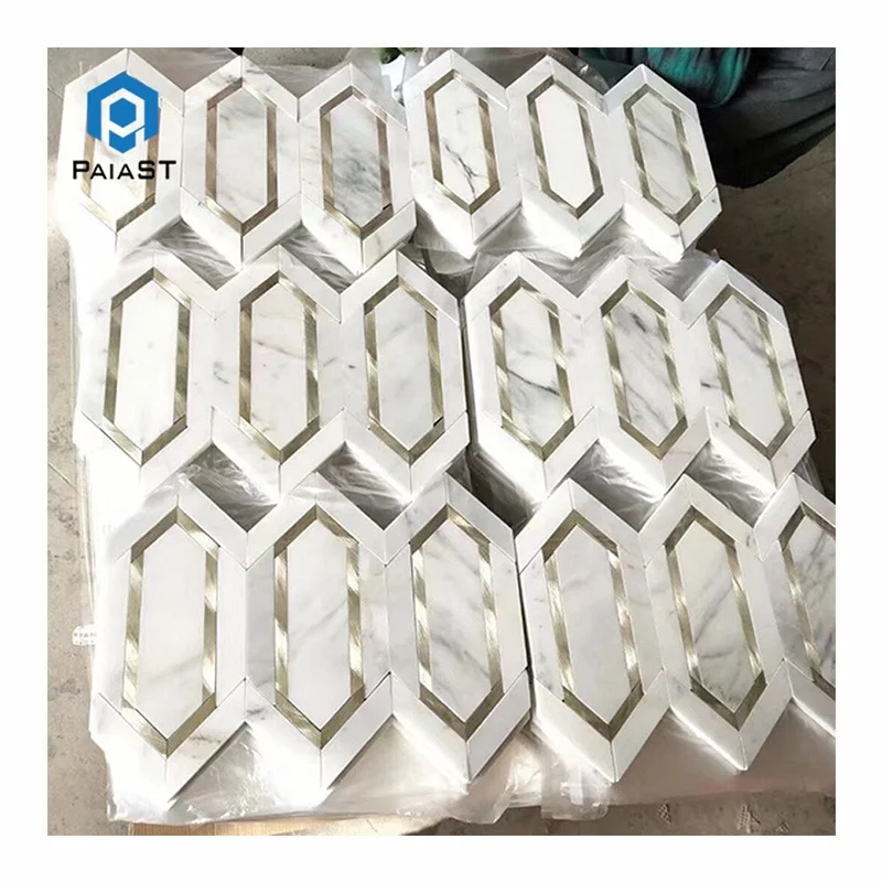 Luxury New Design White Marble Mixed Brass Hexagon Mosaic Marble and Metal Mosaic Tiles for Wall