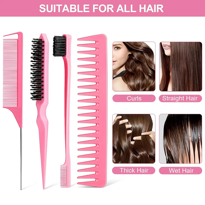 4Pcs Hair Brush and Comb Set Plastic Edge Brush Teasing Hair Brush Rat Tail Comb and Wide Tooth Comb for Men and Women