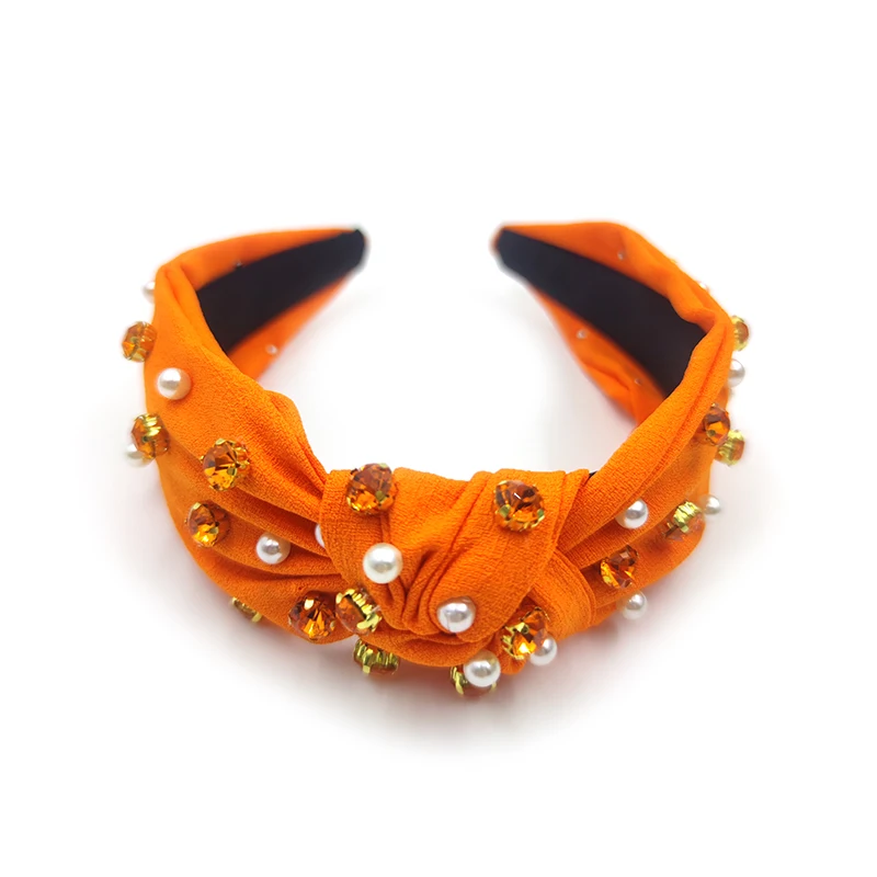 Shenglan Custom Halloween Pearl Knotted Headband Orange Rhinestone