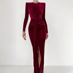2024 Hot Style Fashion Party Women's Banquet Round Necked Long Sleeve Pleated Velvet Dress Paired With Tight Slit Evening Gown