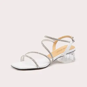 Fashionable Open Toe Ankle Straps Buckles Versatile Simple Transparent Rhinestone Crystal and Chunky Heels Sandals