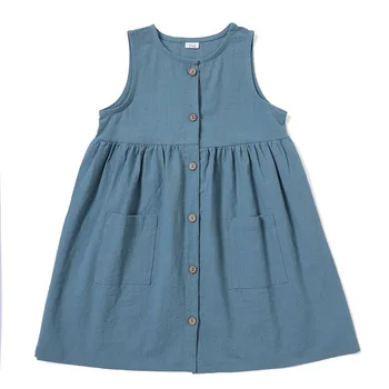 2024 Summer fashion new baby girls dress solid color cotton linen children's dress pocket button baby princess dress