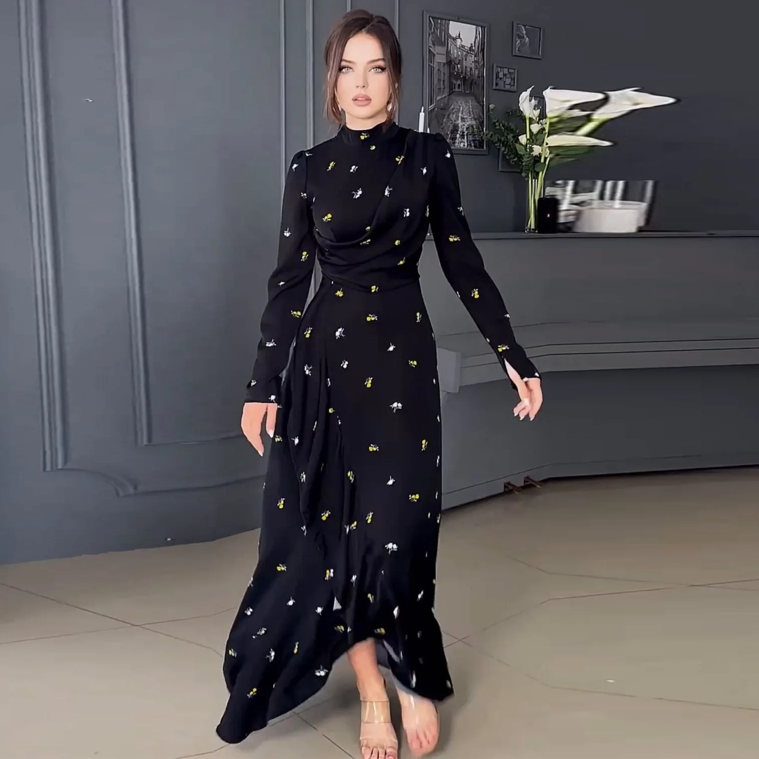 long sleeve spring dresses 2024 High Neck Floral Midi Dress 10 / Noir/Multi