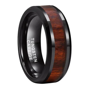 Coolstyle Jewelry 8mm Black Tungsten Carbide Ring for Men Women Engagement Wedding Band Koa Wood Inlay Beveled Edges Comfort Fit