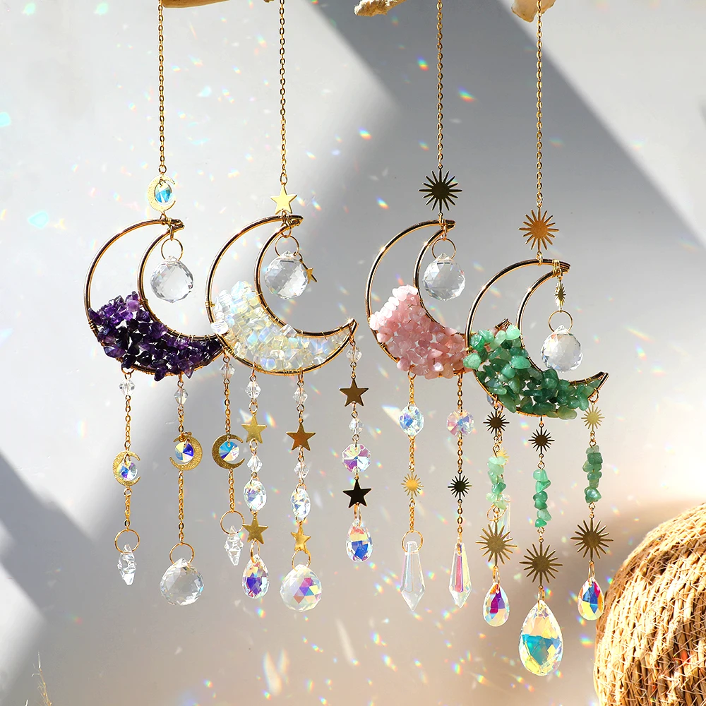 Boho Home Decor Sun Catcher Rose Quartz Crystal Suncatcher Healing Gemstones Hanging Decor Dreamcatcher