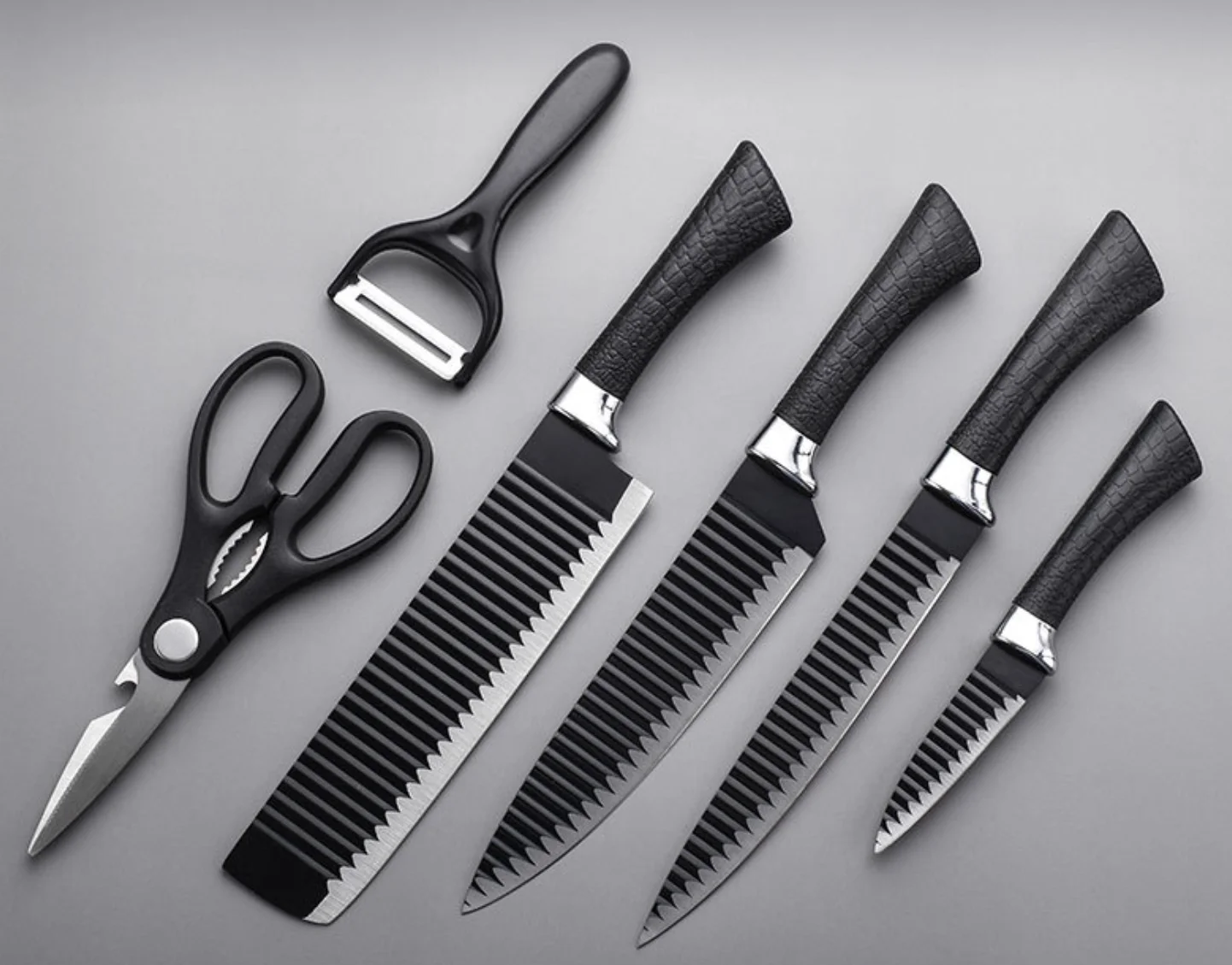 Promotion Professional Tools Chef Bread Slicing Knife Kitchen Scissor Vegetable Fruit Peeler 6pcs Kitchen Knife Set