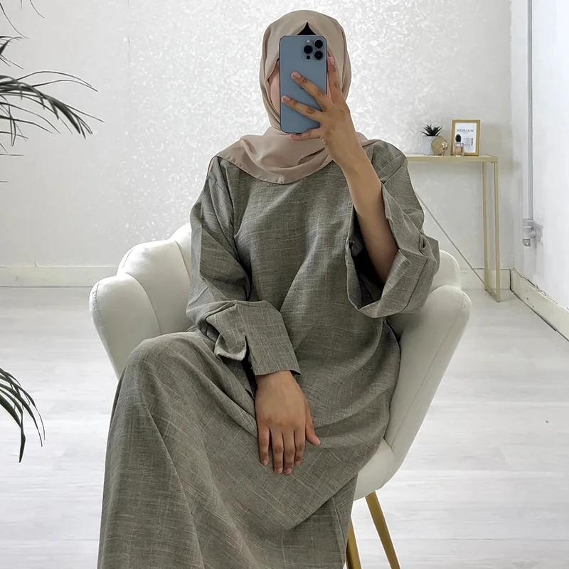 MH88 Linen Embroidered Abaya with Belt & Pockets – Modest Open Style for Eid & Daily Wear