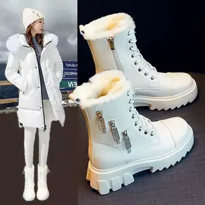 Warm Ladies Cotton Snow Boots Women Genuine Leather Winter Shoes New 2021 Fashion Women Thick Heels Platform Boot PU Knee-high