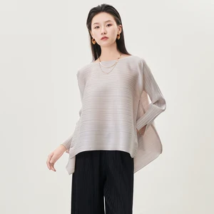 Direct From the Factory Miyake Pleated Autumn Long-sleeved Top Loose Basic Irregular Solid Color T-shirt Women's Clothing