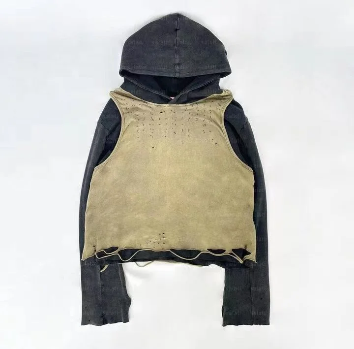 Custom Pullover Sweatshirt Print Ripped 100% Cotton Double Layer Waffle Knit Distressed Vintage Stone Acid Wash Crop Hoodie Men