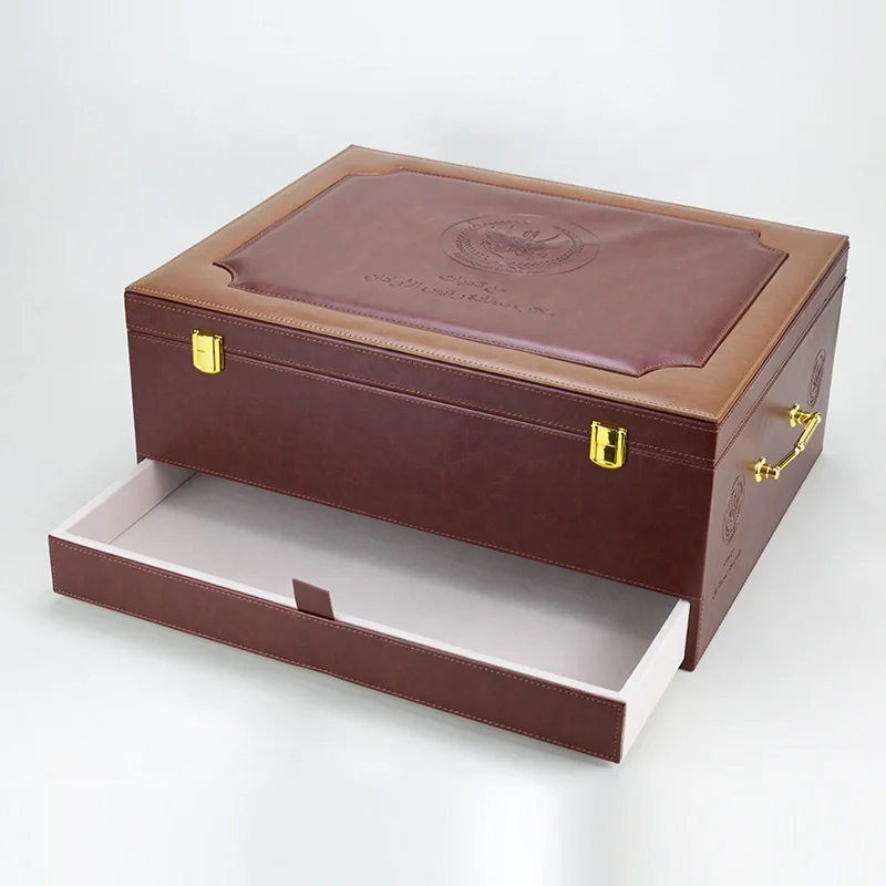Luxury Large Wood PU Leather Drawer Gift Box Suitcase  Leather Custom Luxury Gift Box Packaging for Burner Bakhoor Wine