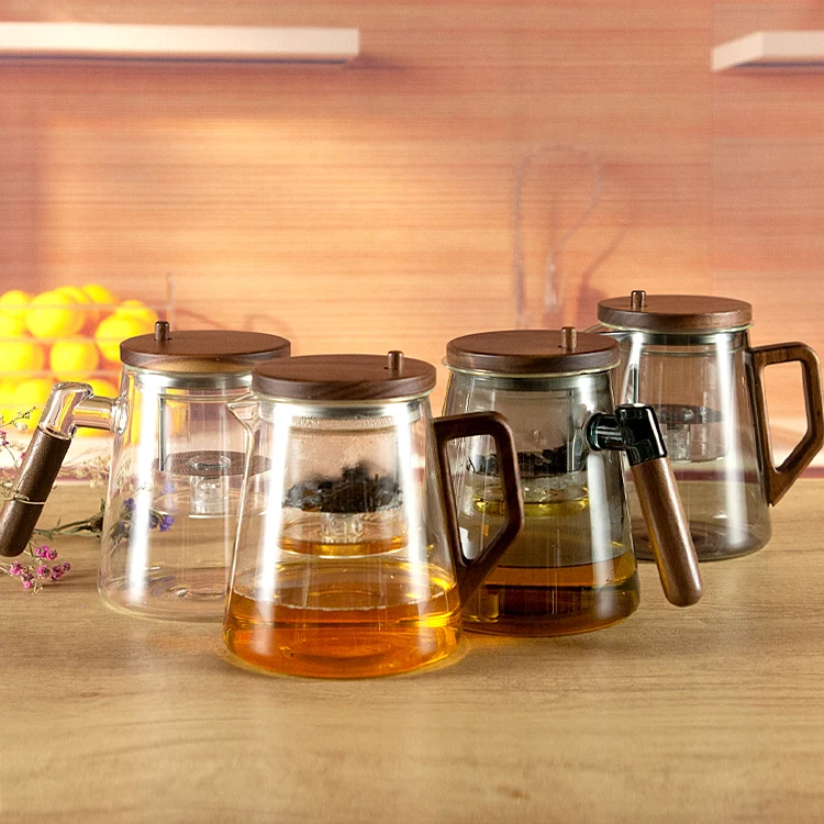 Tea Maker Pot Tea Pot Set  Wooden Lid Glass Tea Kettles Stovetop Borosilitate Glass Filter Teapot With Wooden Handle