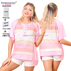 Wholesale Women Blouse Shirts Cute Tops pink t Shirt Oversized Patchwork Raglan Sleeve rainbow Stripes Custom t Shirt Women