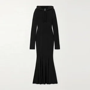 Clothing Manufacturer Custom Autumn Winter Black Crew Neck Long Sleeve Elegant Casual Women Hooded Maxi Dress