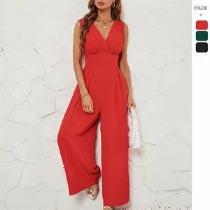 Sleeveless Jumpsuit V Neck Women's Jumpsuits Playsuits Lady Elegant Rompers Wide Leg Pants