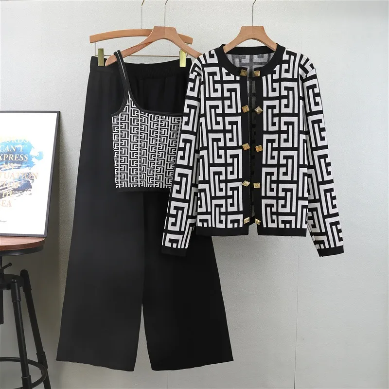 B4903  Autumn Basics 3-Piece Set Resort Wear Women Formal Top Knitted Cooperate Wears for Ladies Elegant