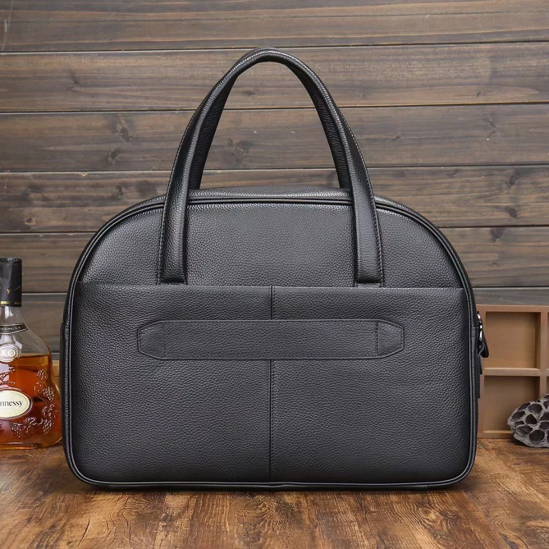 Brand Logo Leather Cowhide Computer Case Travel Bag Real Black Pebble Leather Computer Laptop Briefcases Duffel Bag