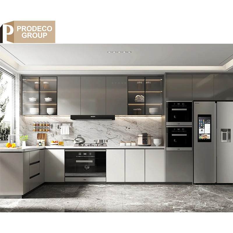 Prodeco Italy Neoclassical Double Pull Down Basket Modular Kitchen Cabinets Set With Sink Accessories