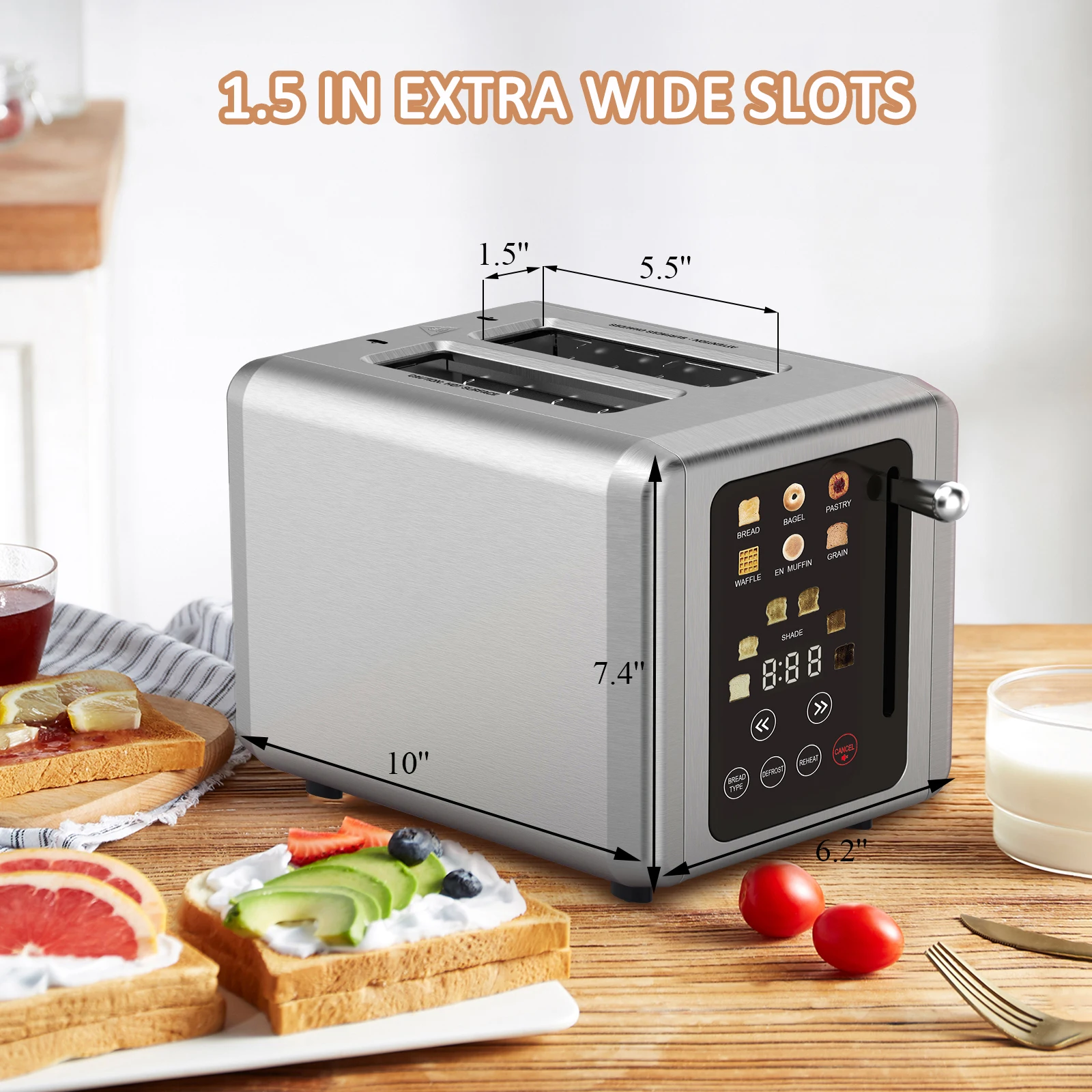 Stainless Steel Bread Toaster with Digital Screen Touch Control Multiple Functions 2 Slice Smart Toaster