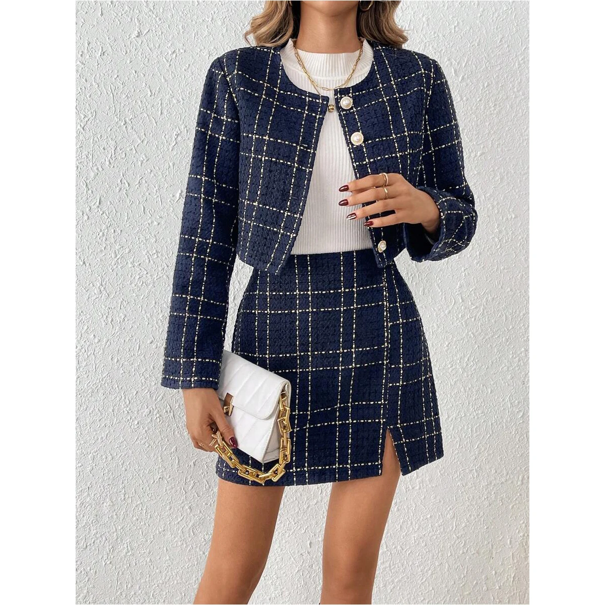 Stylish Casual Fashion Tweed Jacket Mini Skirt Set Exquisite