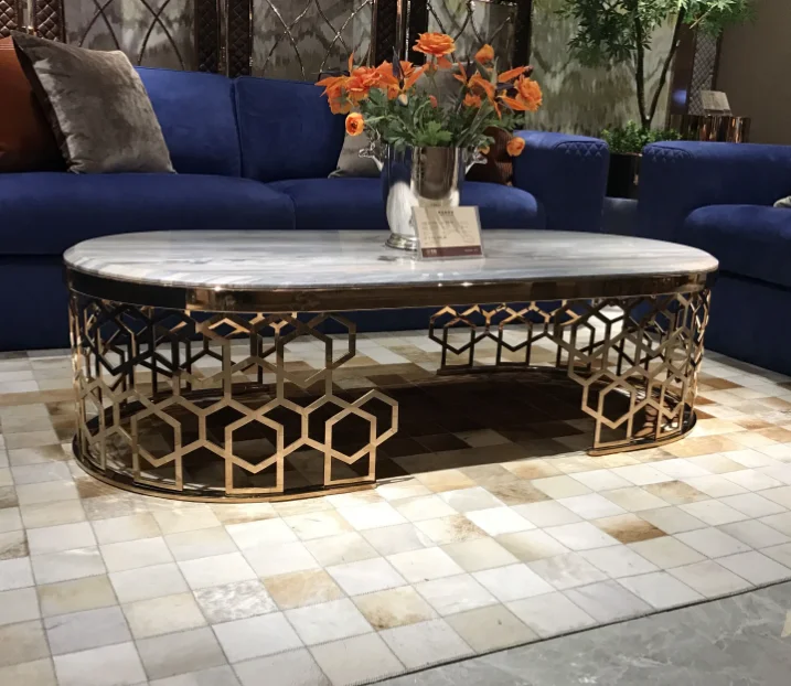 Modern Cheap Coffee Tables Luxury Home Furniture Living Room Gold Stainless Steel Frame Marble Top Round Coffee Table Set Set