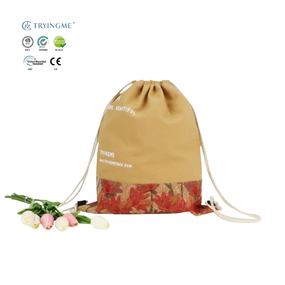 Cork Color Custom Printed Cotton Muslin Drawstring Bag Letter Patterned Gift Pouch Backpack for Personalised Gifts