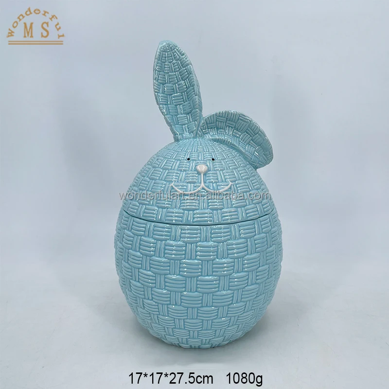 Blue Ceramic Egg Shape Jar with Bunny Ear Candy Canister Rabbit Pot for Kitchen Decoration