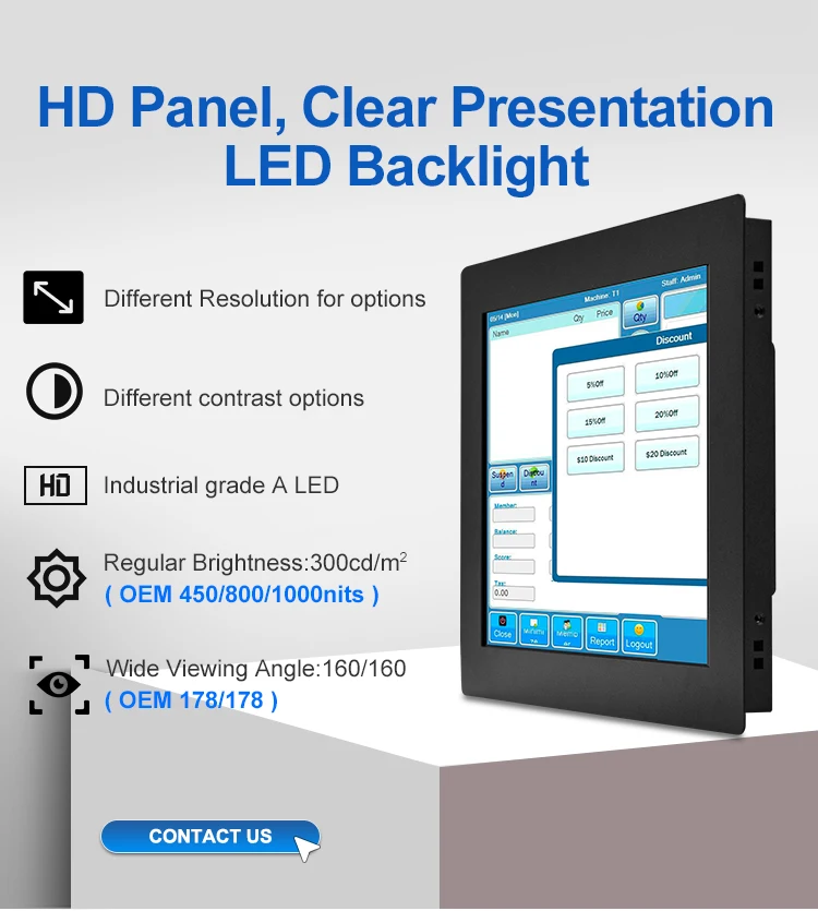 15 Inch Metal Embedded Touch Square Screen Industrial Monitor with Touch Display VESA Wall Mounted HD Monitor