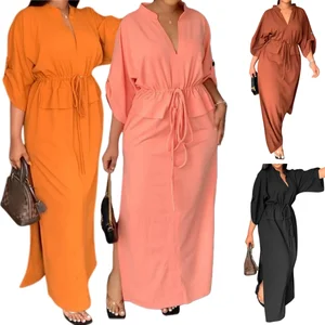 661 Fashion Summer Dresses Women Casual Half Sleeve V Neck Stand Collar Side Slit Office Dresses Women Formal Work Maxi Dress