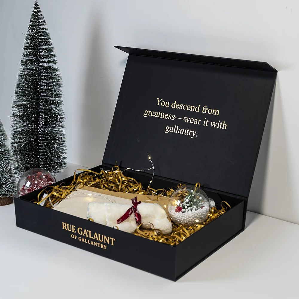 Christmas Custom Foil logo Stamping Luxury Flip Coated Paper Black Collapsible Magnetic Rigid Gift Box Packaging with Ribbon