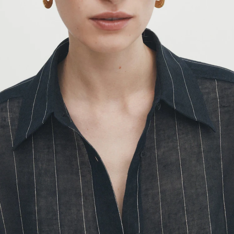 OME New Arrival Navy Blue 100% Linen Striped Shirt Women's Blouses Linen Shirts Blouses Elegant Women