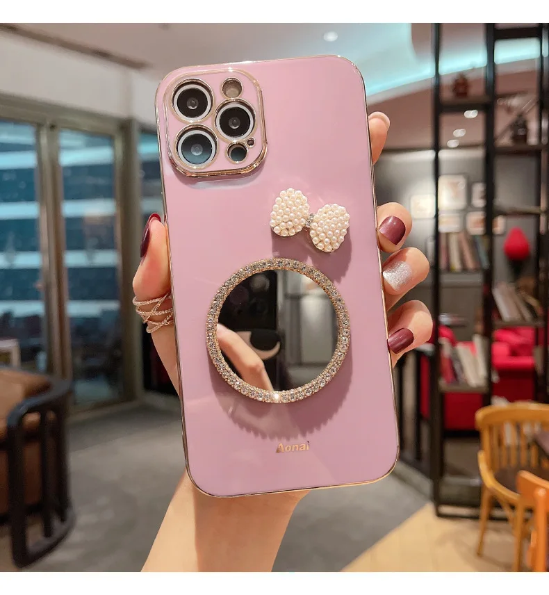 Luxury Glitter with Round Makeup Mirror Holder Phone Case for iPhone 13 11 12  PRO Max Xr Xs Max 7 8 Plus X Fundas Soft Bumperluxury Glitter with Wrist -  China Phone