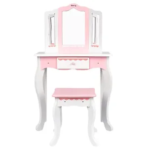 Princess Wooden Makeup Dressing Table Toy for Kids Pretend Play Early Education Vanity Set with Mirror and Accessories