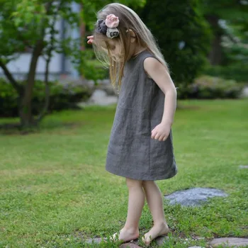 Girls' Spring Summer Casual A-Line Dress New Linen Cotton Vest Button Design Solid Color Neck Sleeveless Baby Skirts Children