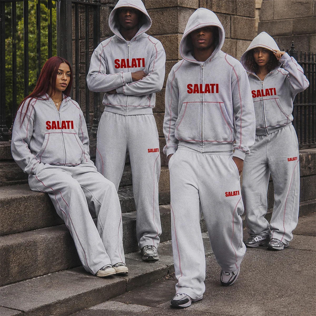 Wholesale Gray Zip up Hoodie Wide Leg Sweatpants Oversized Loose Fit Matching Casual Y2K Streetwear Unisex Tracksuit Set gallery 7