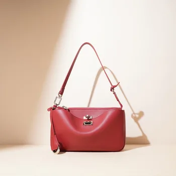 2025 the First Layer of Cowhide Leather Women's Bag Simple Senior Locking Single Shoulder Bag Niche Design Single Shoulder Cross